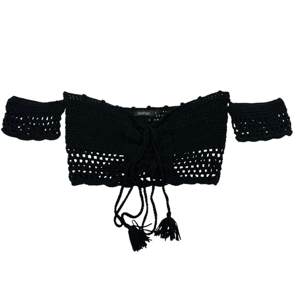 Boohoo Black Crochet Crop Top Womens S Strapless Goth Romantic Boho Fairy Grunge - Picture 4 of 10